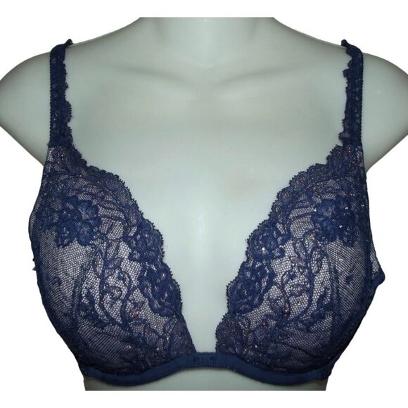 Victoria's Secret 34C Blue Lace Rhinestone Push Up Lace Bra padded crisscross - Picture 1 of 10